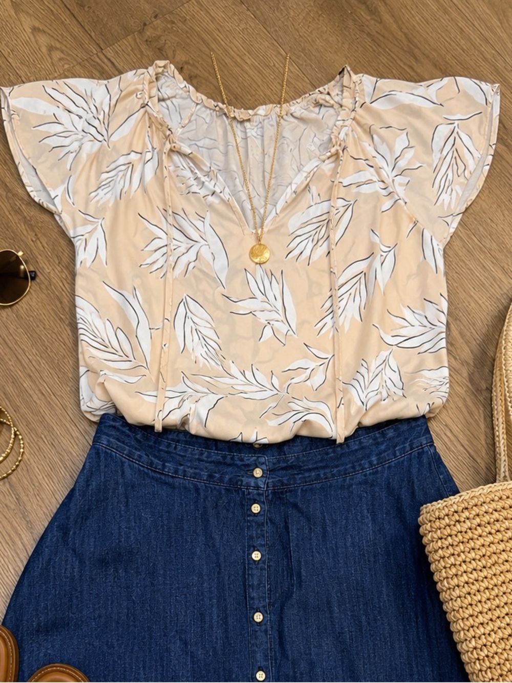 LOFT Peach and White Leaf-Print Tie-Neck Blouse
